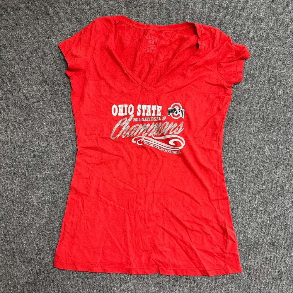 Blue 84 Shirt Womens XL Red Ohio State 2014 National Champions V-Neck Slim Fit
